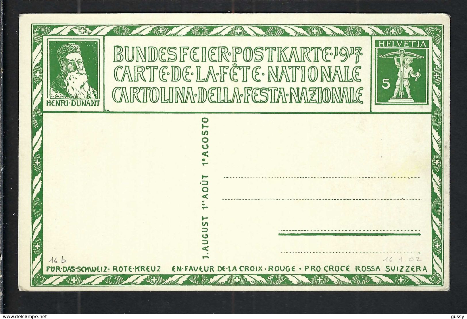SUISSE Ca.1917: CP Ill. Entier De 5c De La Fête Nationale Suisse, Neuve - Entiers Postaux