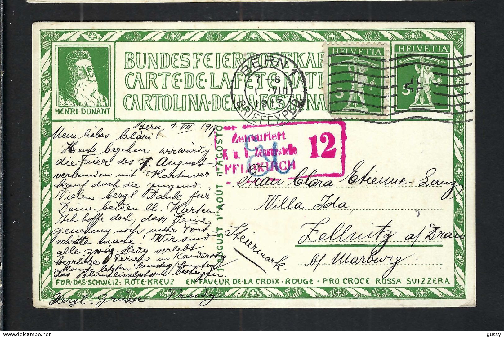 SUISSE Ca.1917: CP Ill. Entier De 5c De La Fête Nationale Suisse, Obl. CAD Berne (BE) Pour L'Allemagne - Entiers Postaux