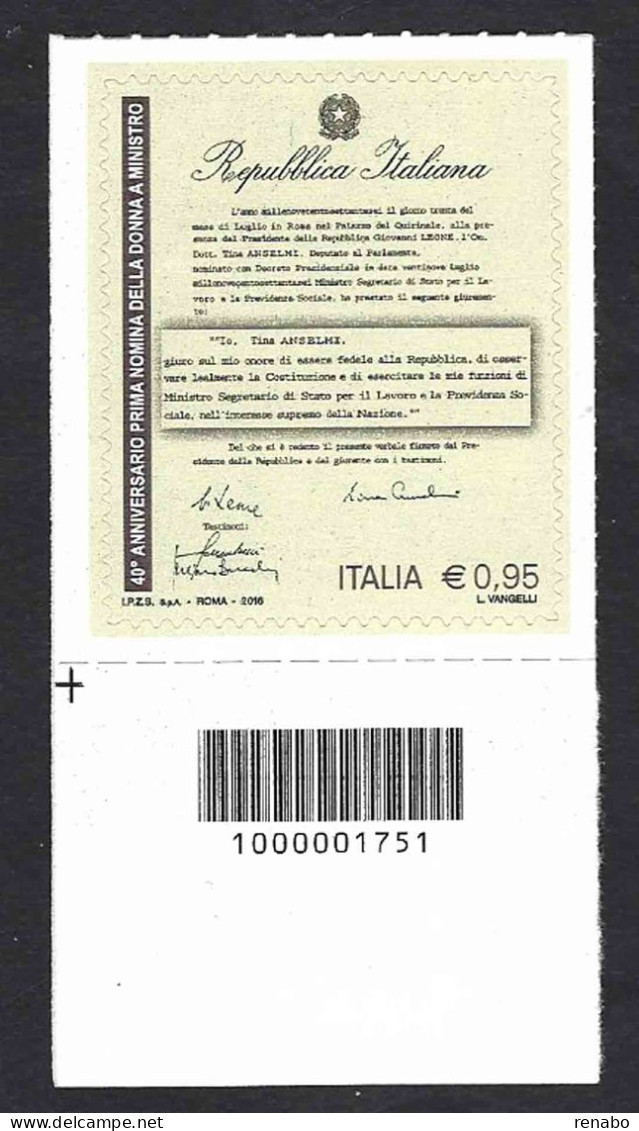 Italia 2016; Pari Opportunità, 40° Anniversario Della Prima Donna Ministro; Francobollo A Barre - Bar Codes