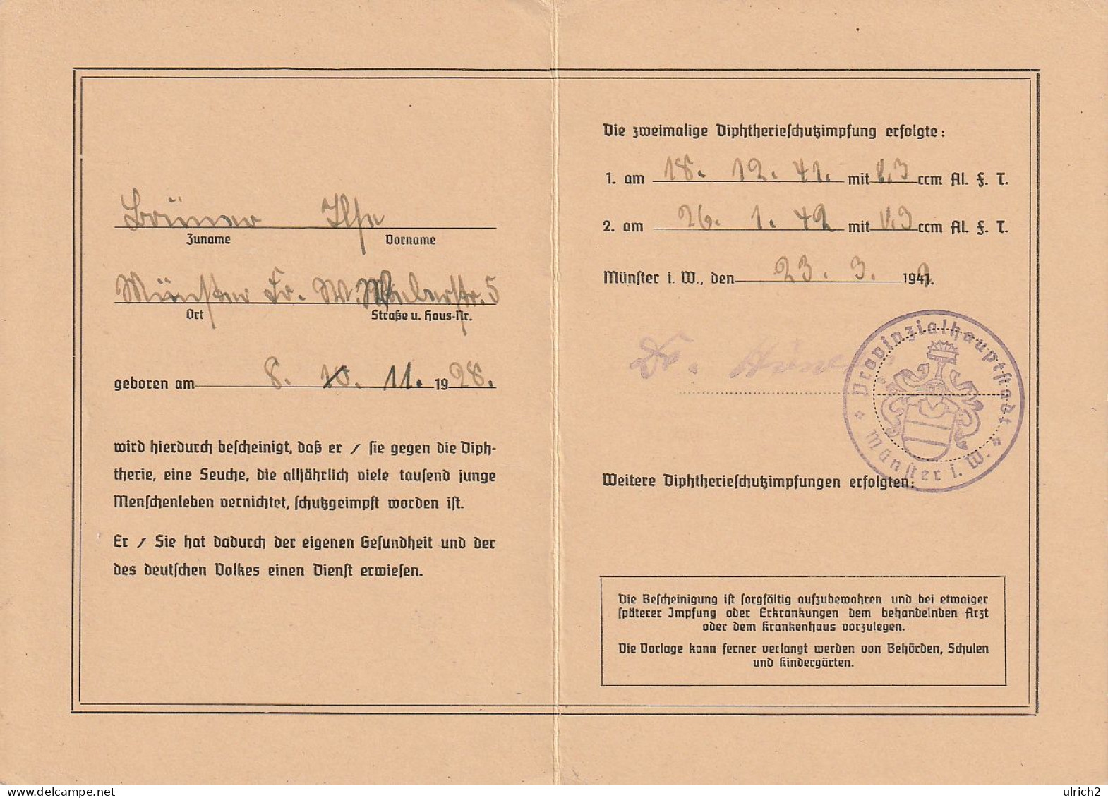 Bescheinigung Diphterieschutzimpfung - Provinzialhauptstadt Münster I.W. - 1942 (66872) - Historical Documents