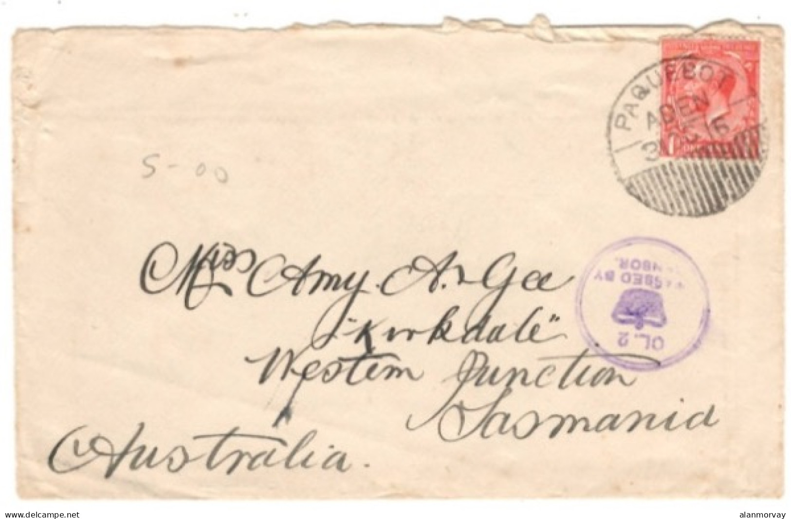 Aden - October 31, 1916 Aden Censored Cover To Australia With A Great Britain Stamp, Paquetbot Cancel, And Censor Mark - Aden (1854-1963)