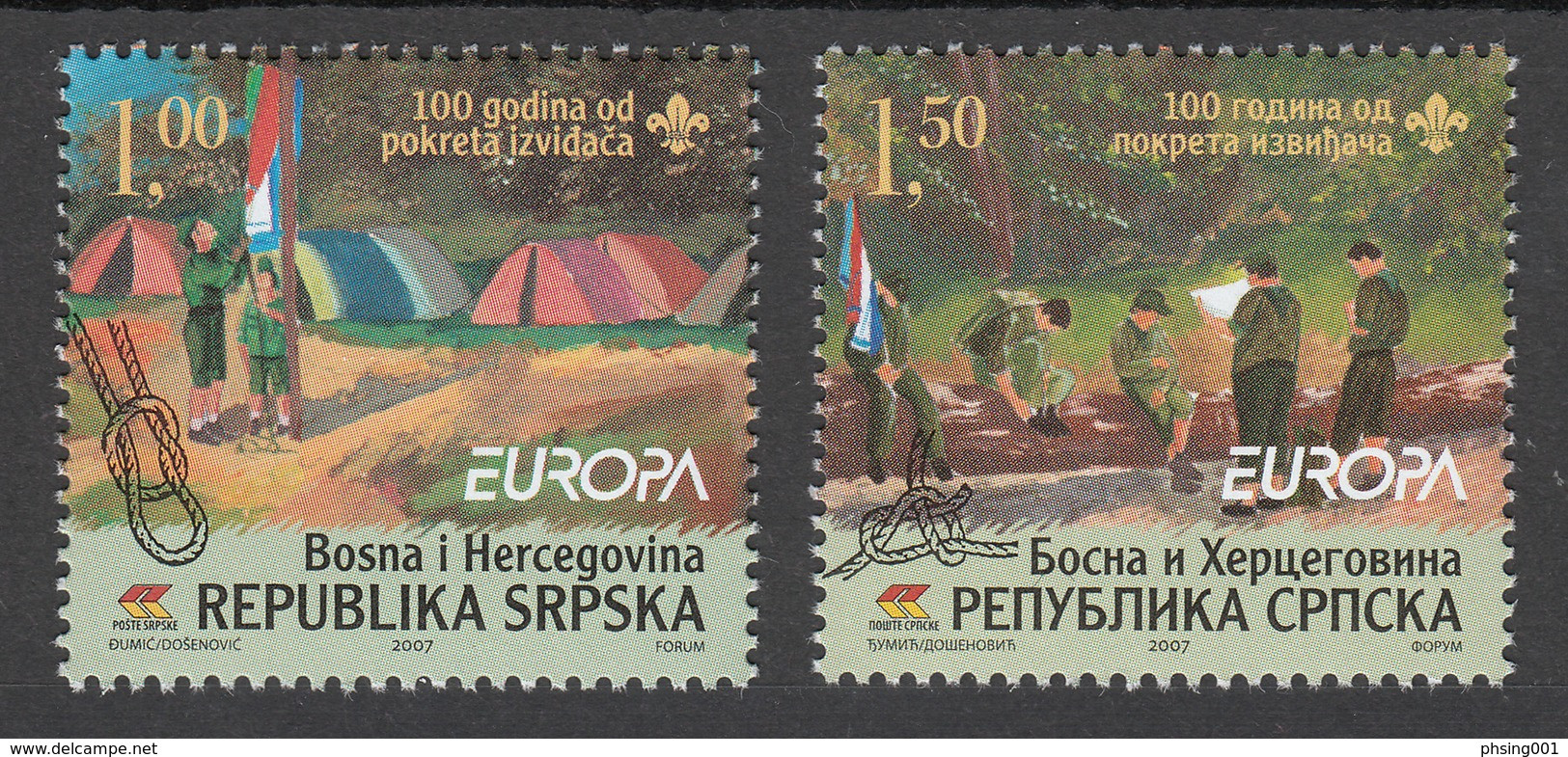 Bosnia Serbia 2007 Europa CEPT 100 Years Anniversary Of Scouting Scouts Pfadfinder, Set From Mini Sheet MNH - 2007