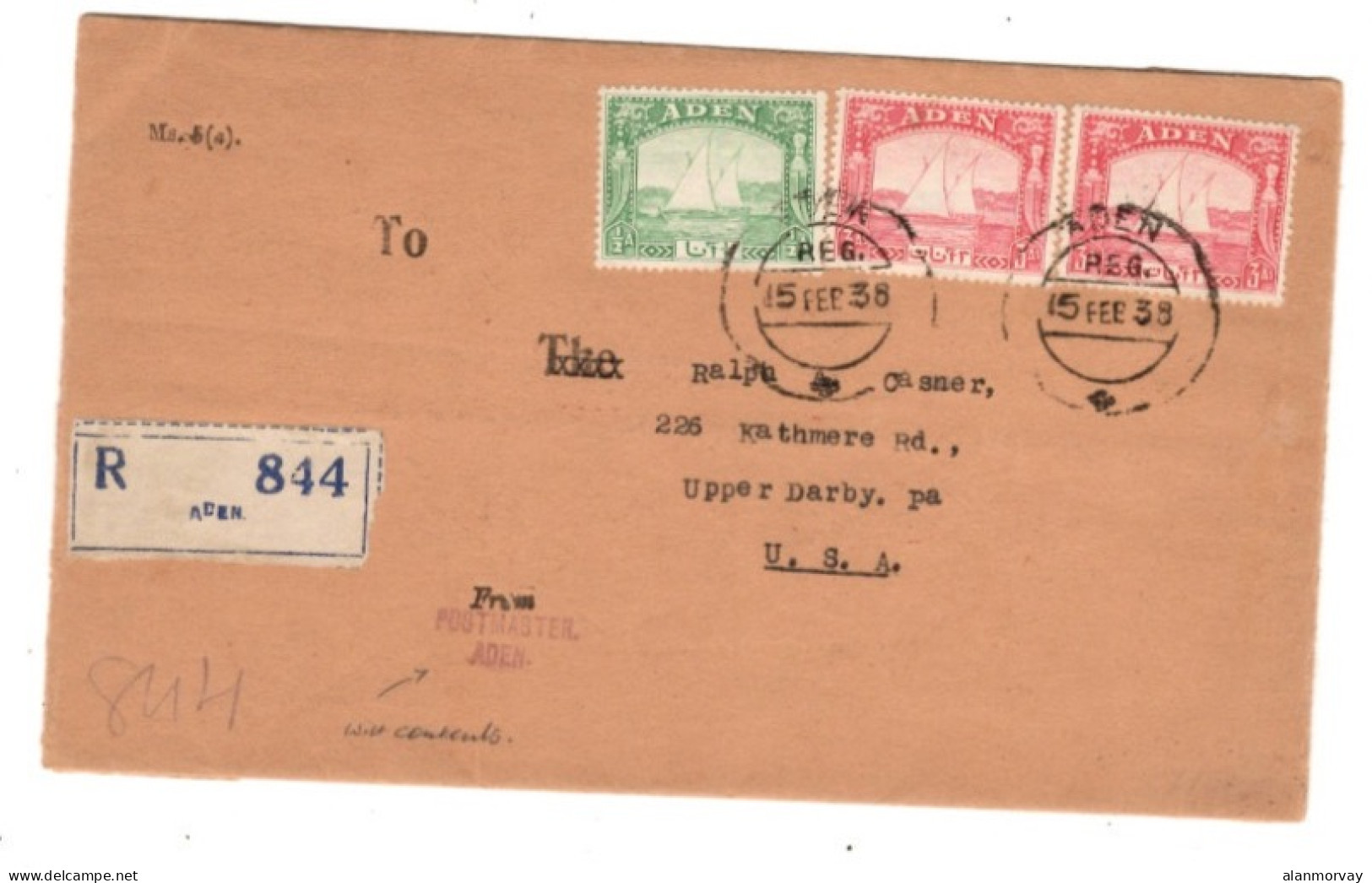 Aden - February 15, 1938 Registered Aden Cover To The USA - Aden (1854-1963)