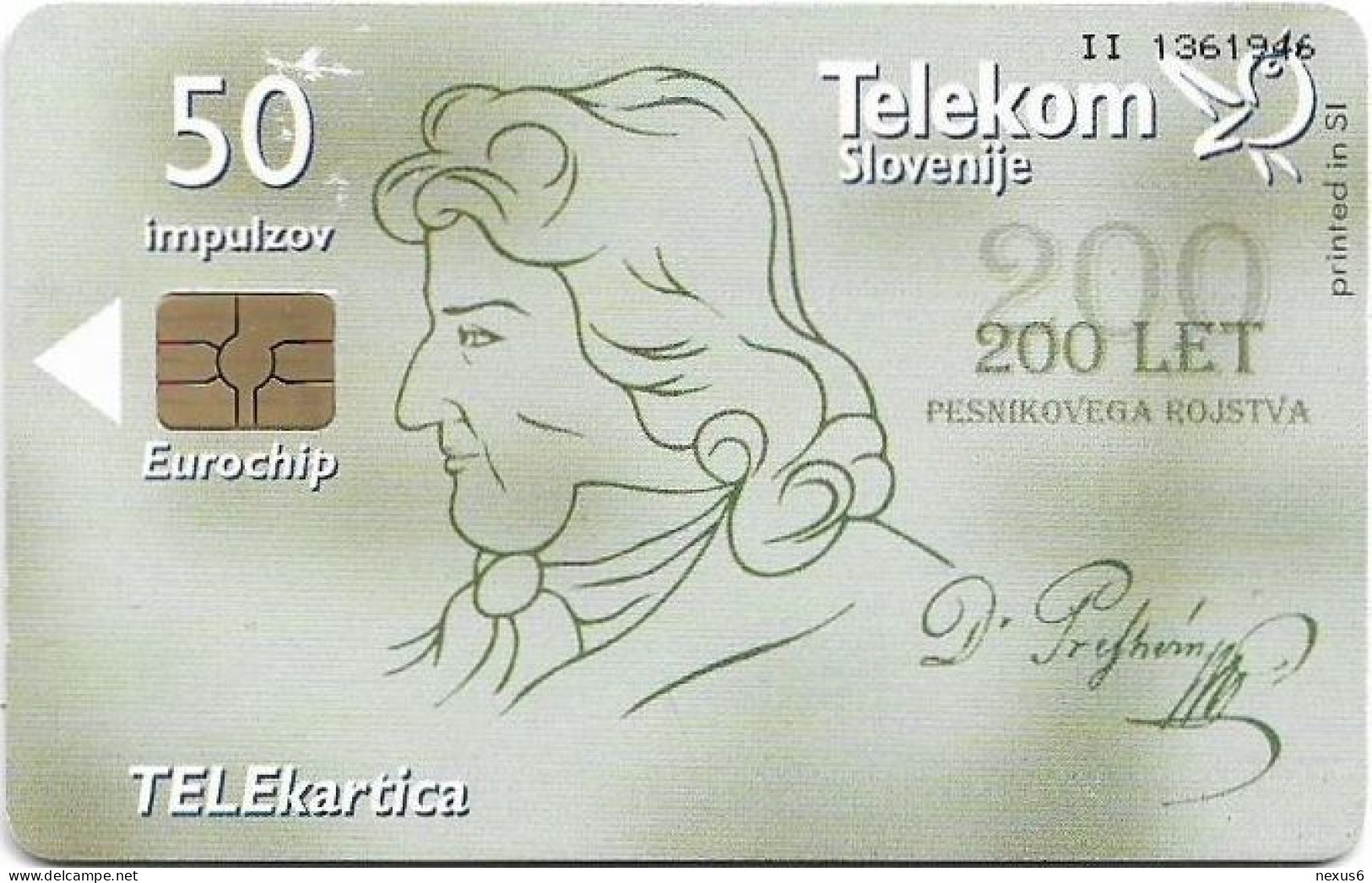 Slovenia - Telekom Slovenije - Poet France Prešeren - Let Pesnikovega Rojstva, Gem5 Red, 02.2001, 50Units, 4.975ex, Used - Slovenia