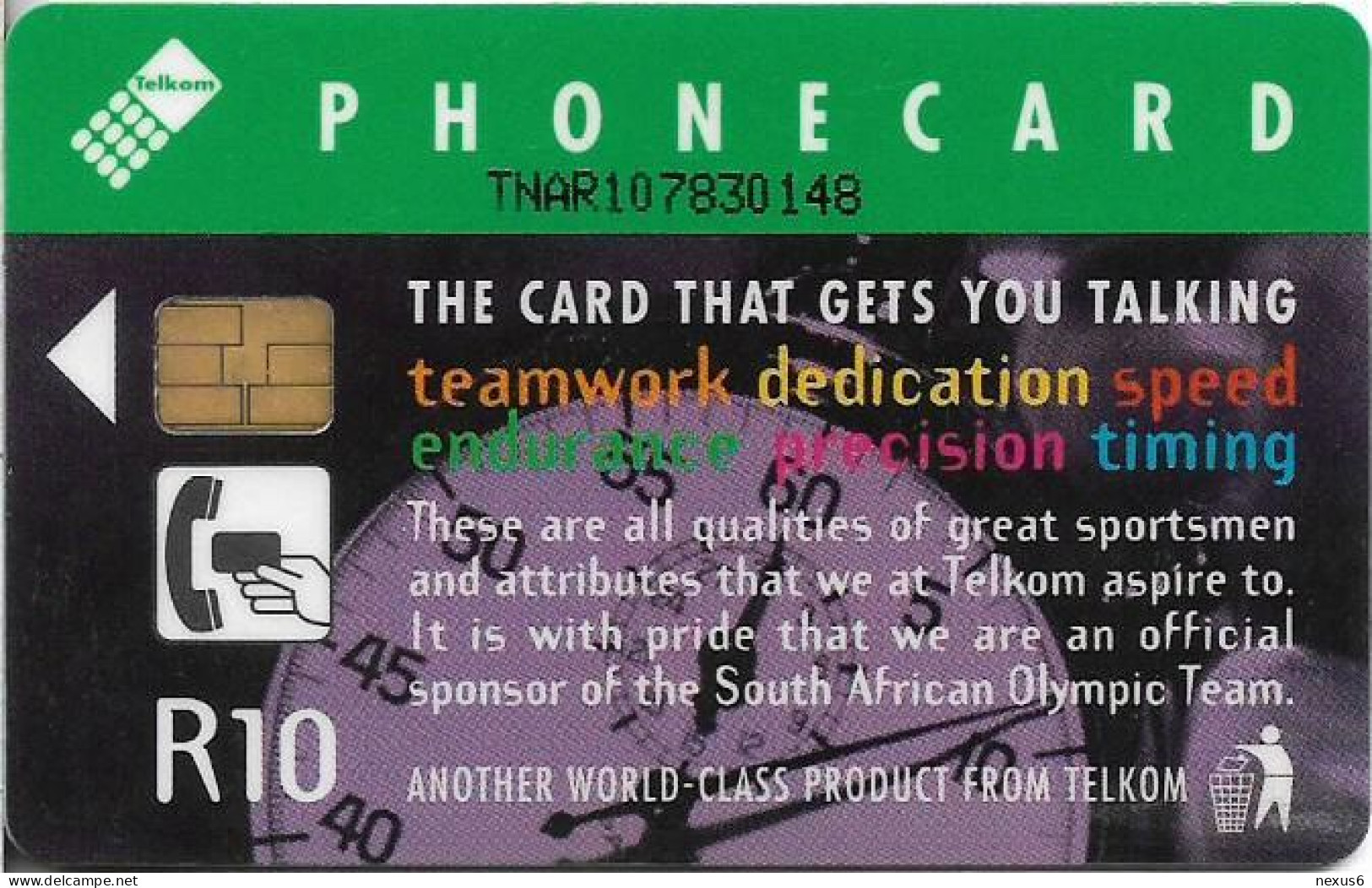 S. Africa - Telkom - S. Africa Olympic Sports Team, Teamwork, Chip Orga, 1996, 10R, Used - South Africa