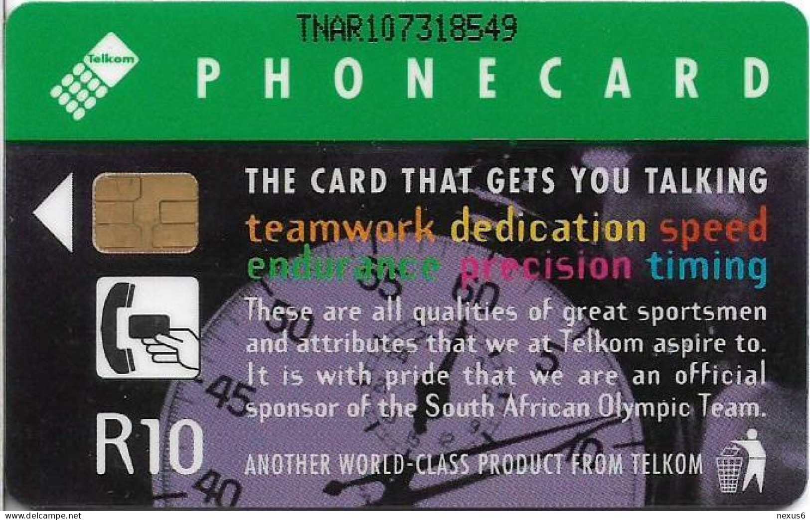 S. Africa - Telkom - S. Africa Olympic Sports Team, Teamwork, Cn. Above ''Phonecard'', Chip Siemens S31, 1996, 10R, Used - Suráfrica