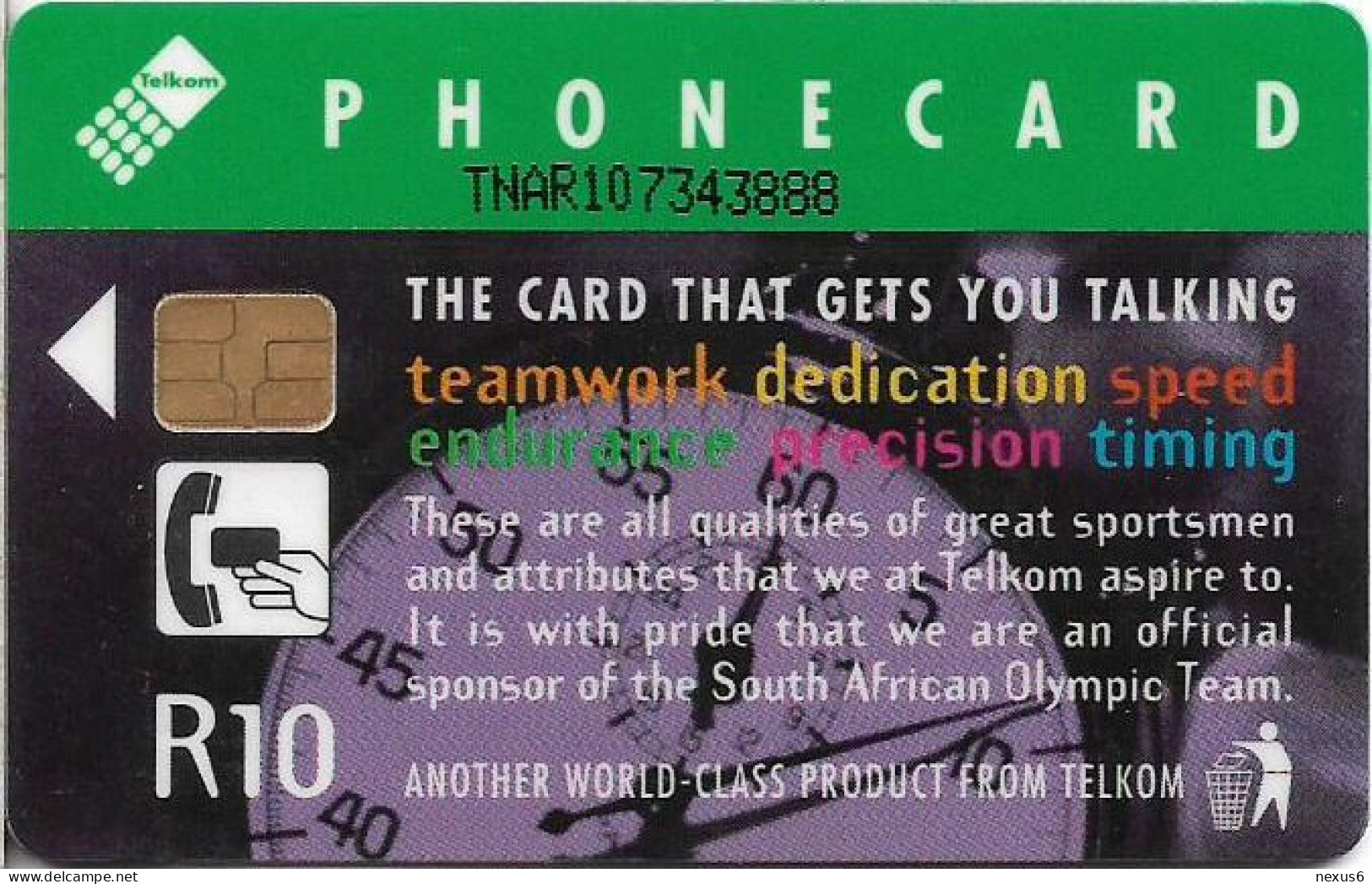 S. Africa - Telkom - S. Africa Olympic Sports Team, Teamwork, Cn. Below ''Phonecard'', Chip Siemens S31, 1996, 10R, Used - Afrique Du Sud