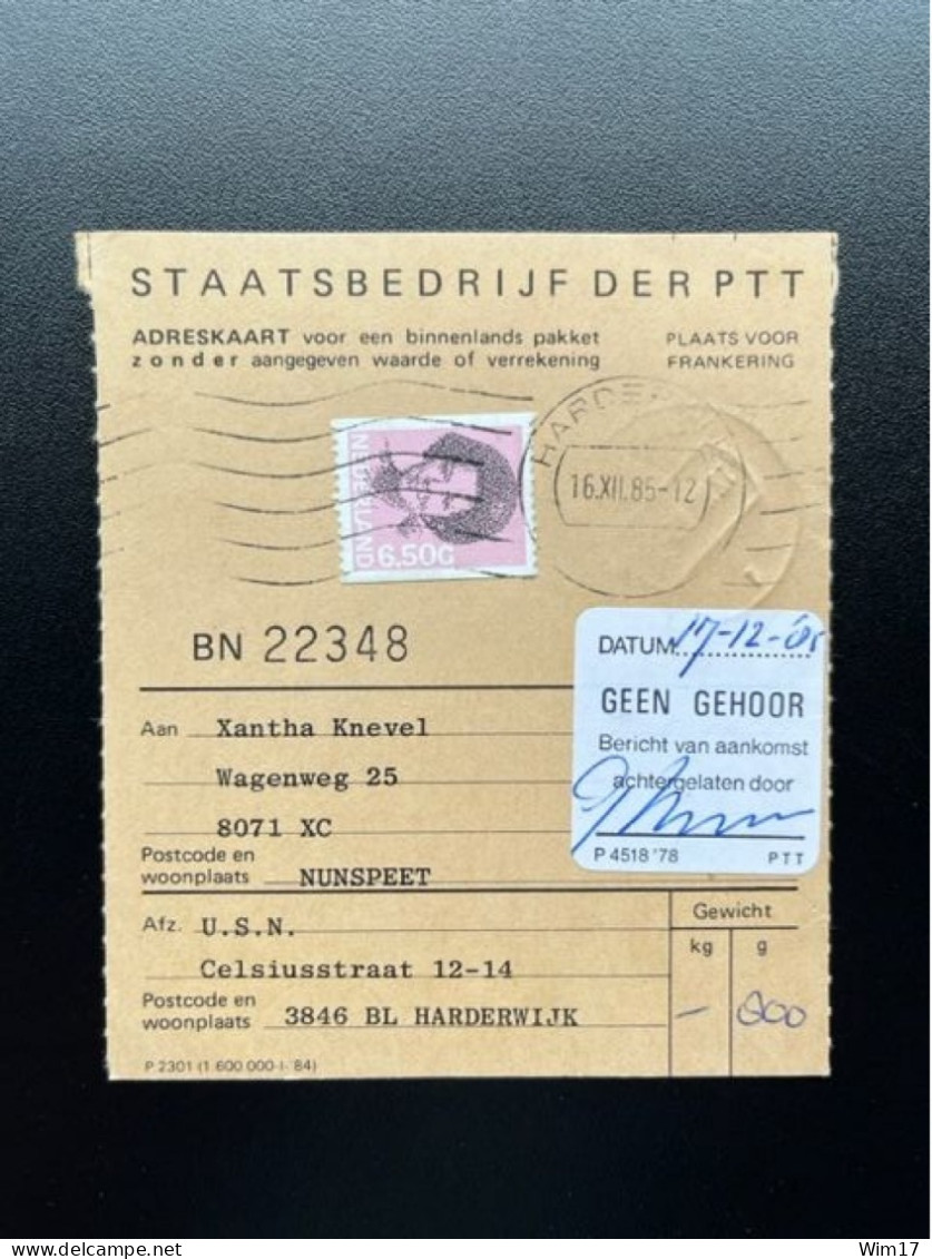 NETHERLANDS 1985 PARCEL CARD HARDERWIJK TO NUNSPEET 16-12-1985 NEDERLAND ADRESKAART PAKKETKAART - Briefe U. Dokumente