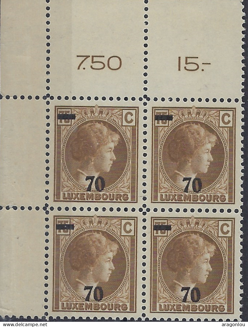 Luxembourg - Luxemburg - Timbres - 1935  Charlotte   Bloc à 4    70c/75c.    MNH**   Rare    VC.128,- - 1926-39 Charlotte Right-hand Side