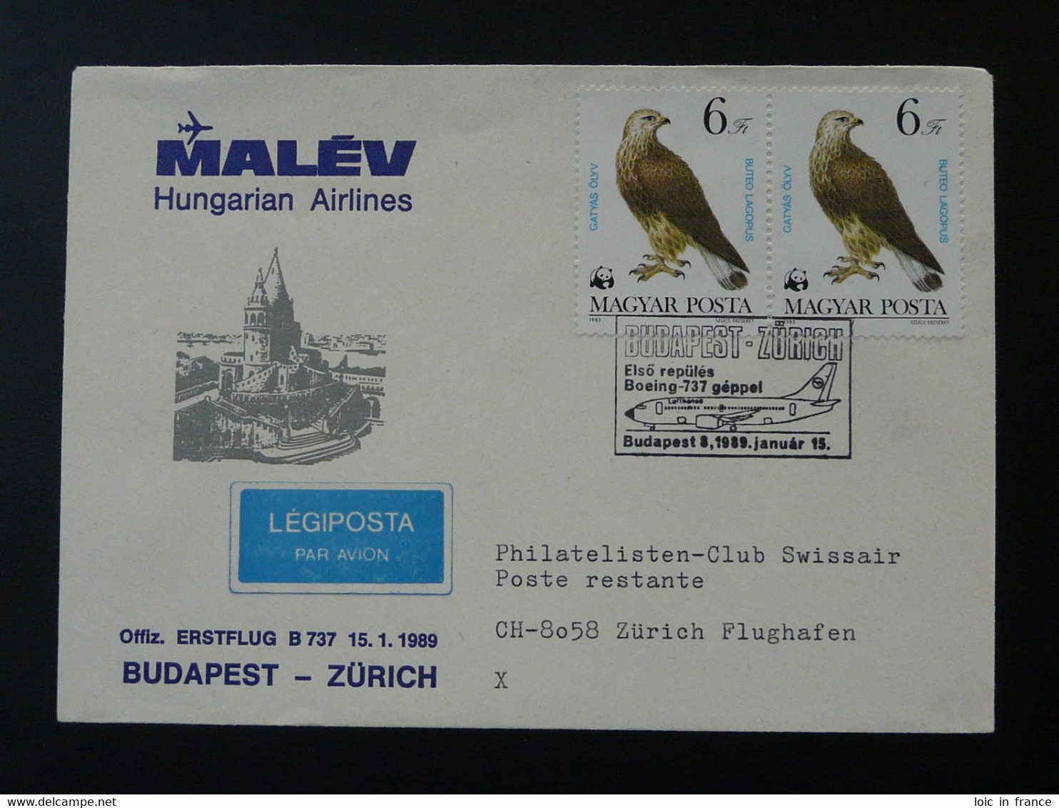 WWF Sur Lettre Premier Vol First Flight Cover Budapest Zurich Malev 1989 - Storia Postale