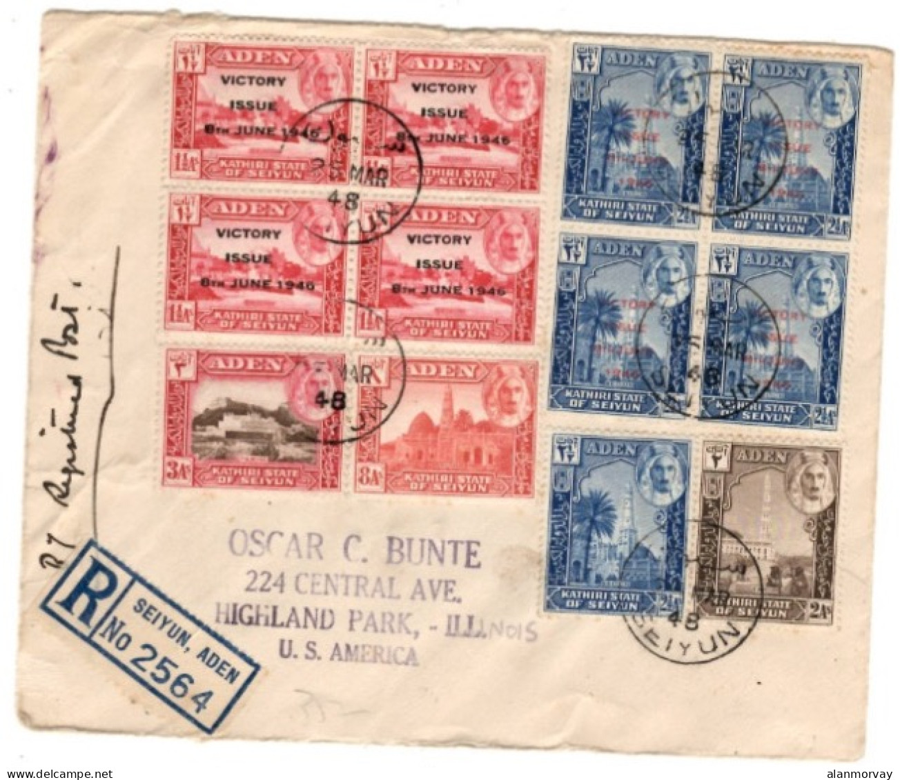 Aden - Aden Kathiri State Of Seiyun March 25, 1948 Registered Cover To USA - Aden (1854-1963)