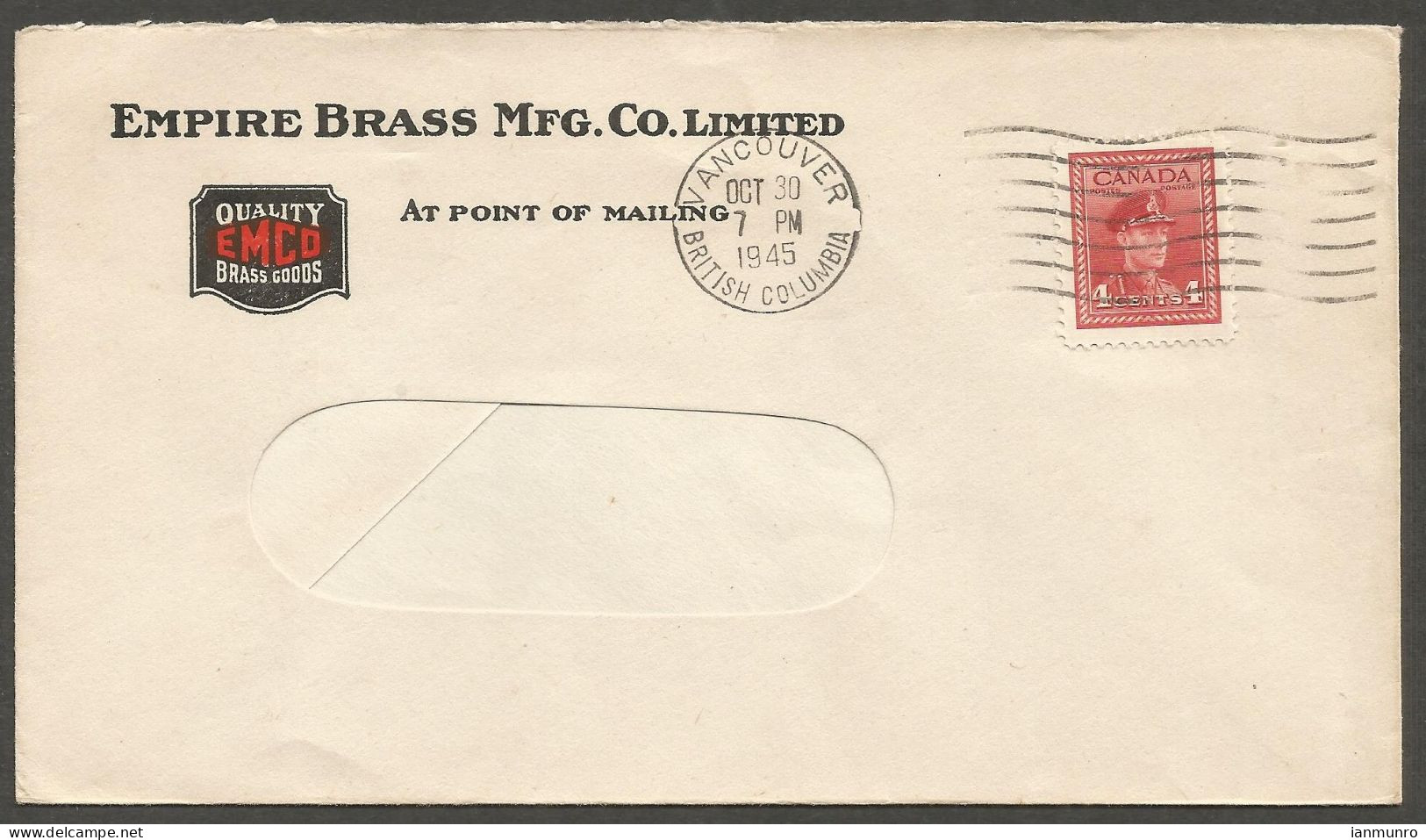 1945 Empire Brass Mfg 2-Sided Illustrated Advertising Cover 4c War Vancouver BC - Histoire Postale