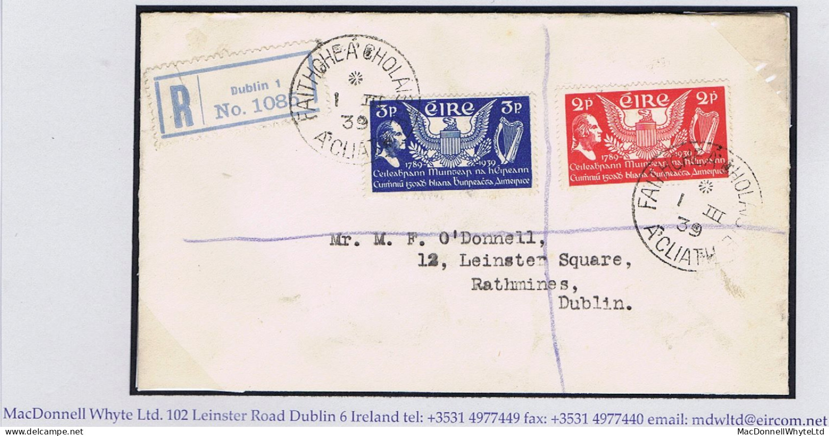 Ireland 1939 US Constitution Set On Registered First Day Cover College Green Dublin Cds 1 III 39 - FDC