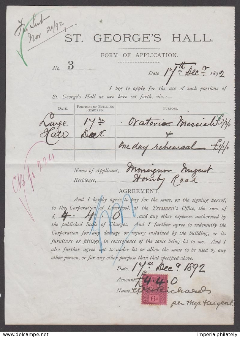 1892 Document With 1887 6d Purple On Rose Jubilee Paying Revenue For Rental Of A Room At St George's Hall - Brieven En Documenten