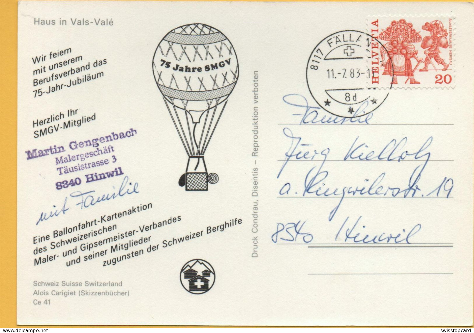 VALS-VALÉ Ballon-Flug-Post Geschäft Maler Gibser 75 Jahre SMGV - Lumnezia