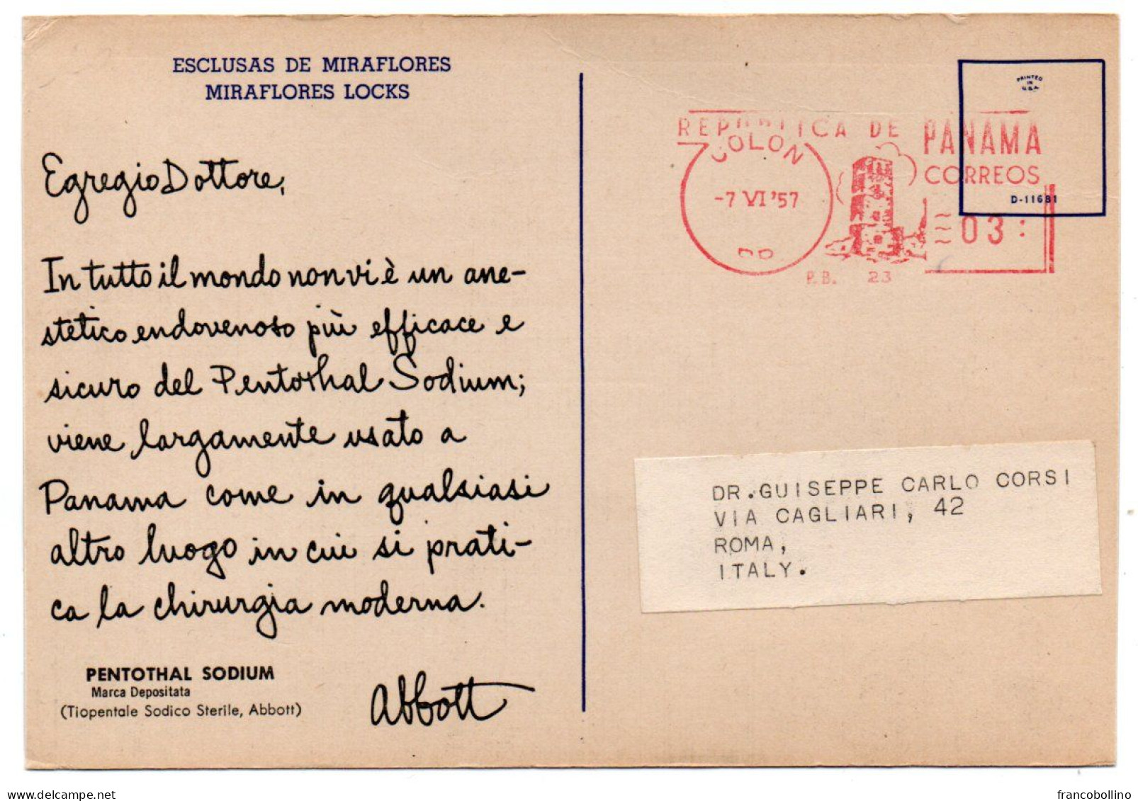 DEAR DOCTOR TYPE PUBL. PENTOTHAL SODIUM / ABBOTT - PANAMA MIRAFLORES LOCKS / SHIP / RED METER/EMA 1957 - Panama