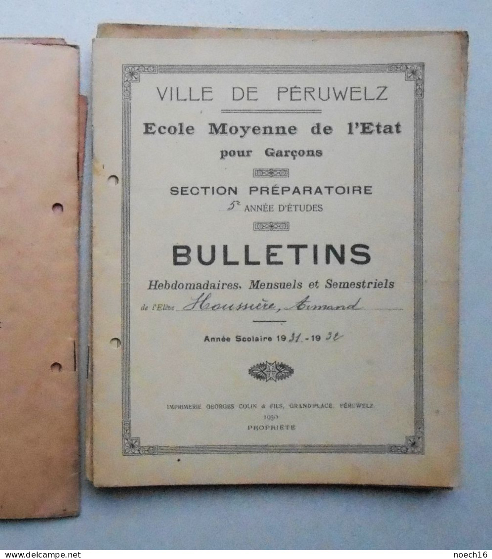 Lot 6 Palmares et 14 bulletins. Ville de Péruwelz. Ecole moyenne de l'Etat