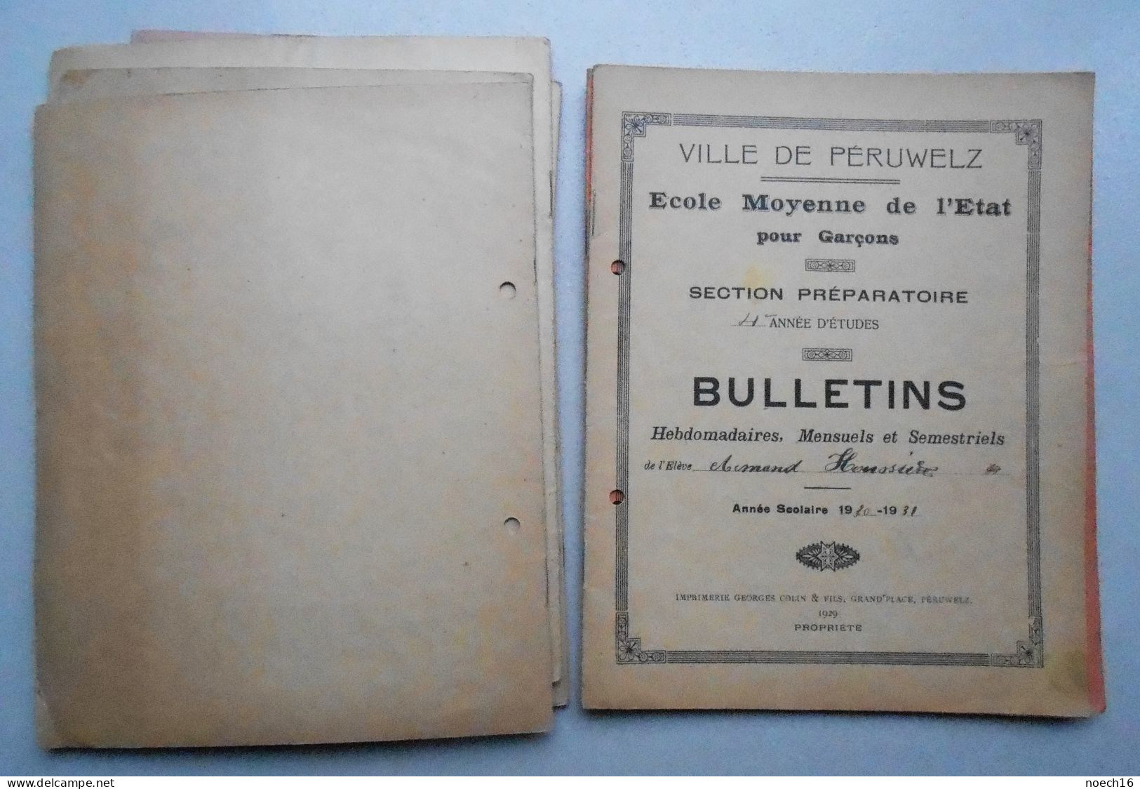 Lot 6 Palmares et 14 bulletins. Ville de Péruwelz. Ecole moyenne de l'Etat