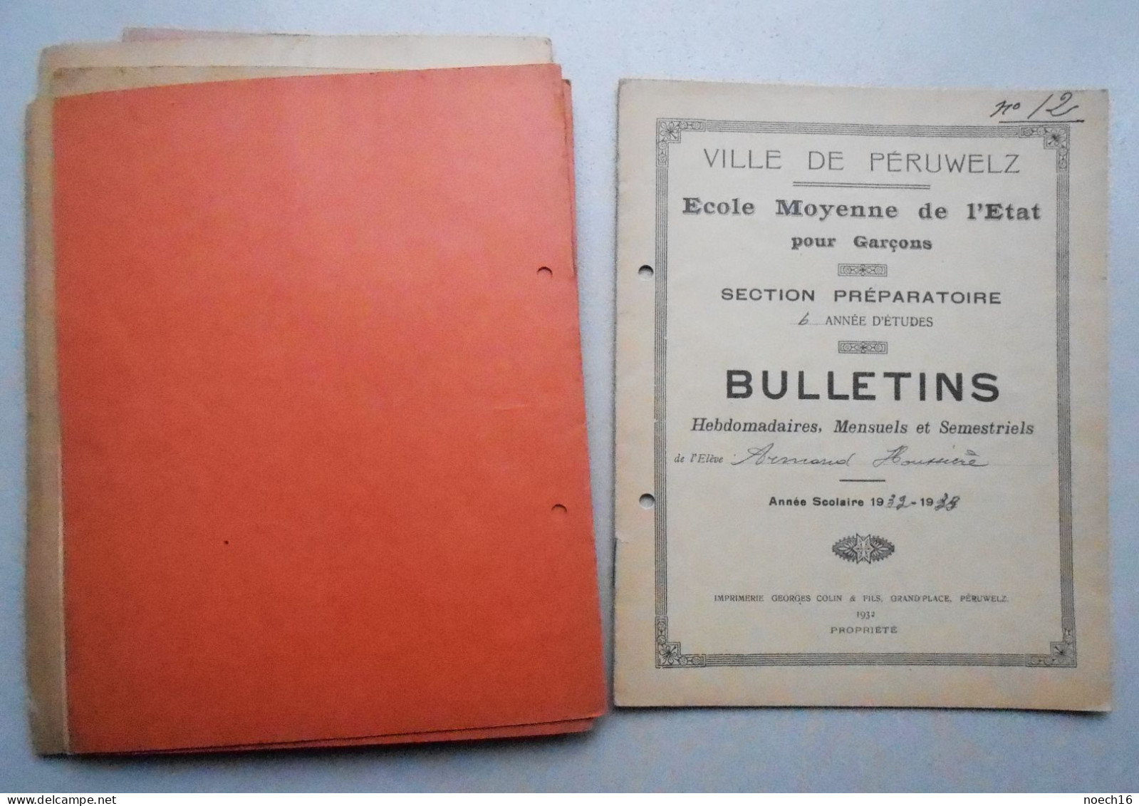 Lot 6 Palmares et 14 bulletins. Ville de Péruwelz. Ecole moyenne de l'Etat