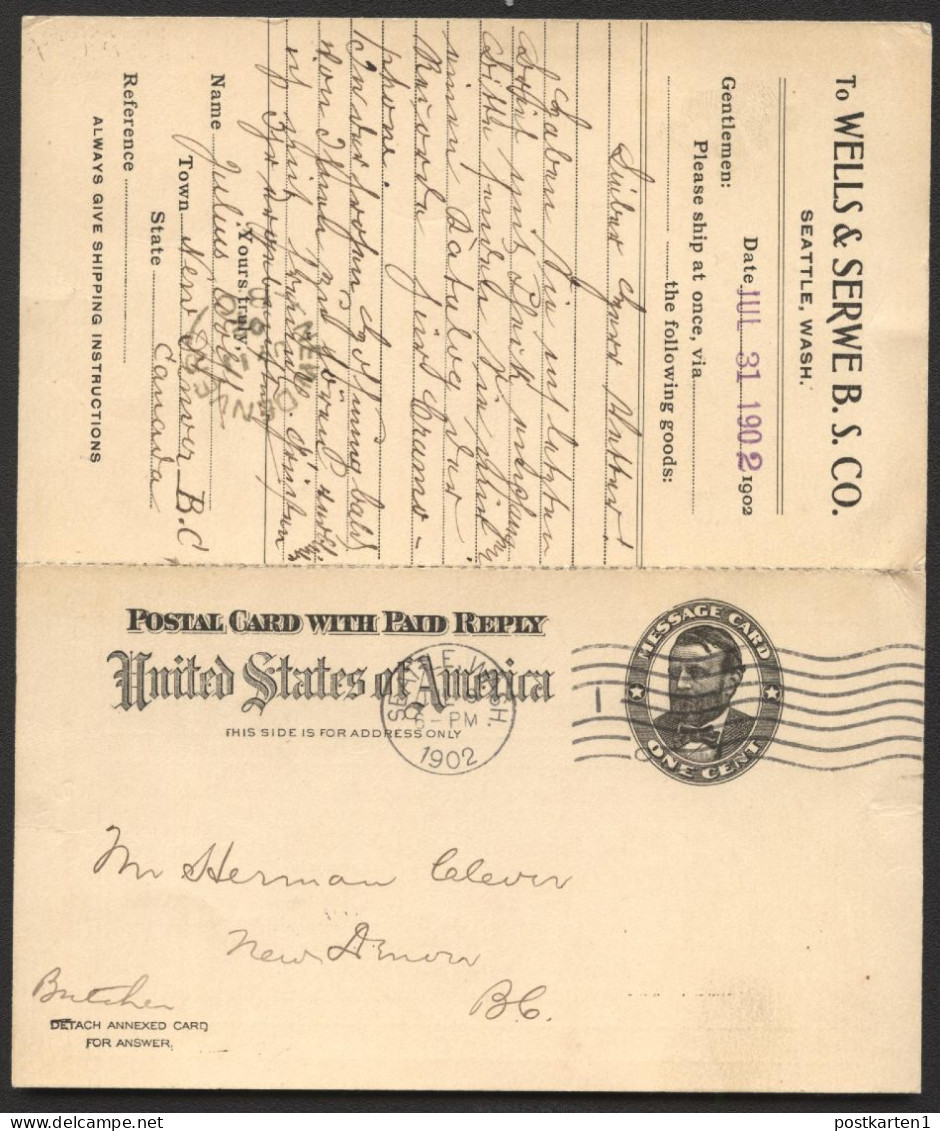 UY3 UPSS MR5 Sep.5b Postal Card With Reply Seattle WA To New Denver Canada 1902 - ...-1900