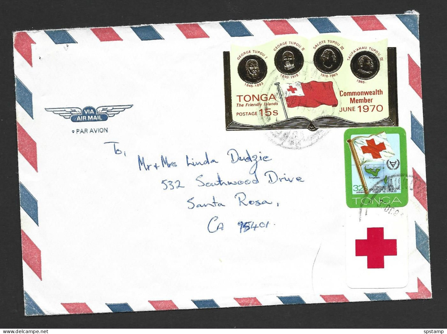Tonga 1981 32s Red Cross & 1970 15s Commonwealth Self Adhesives On Correct Rate Commercial Cover To USA - Tonga (1970-...)