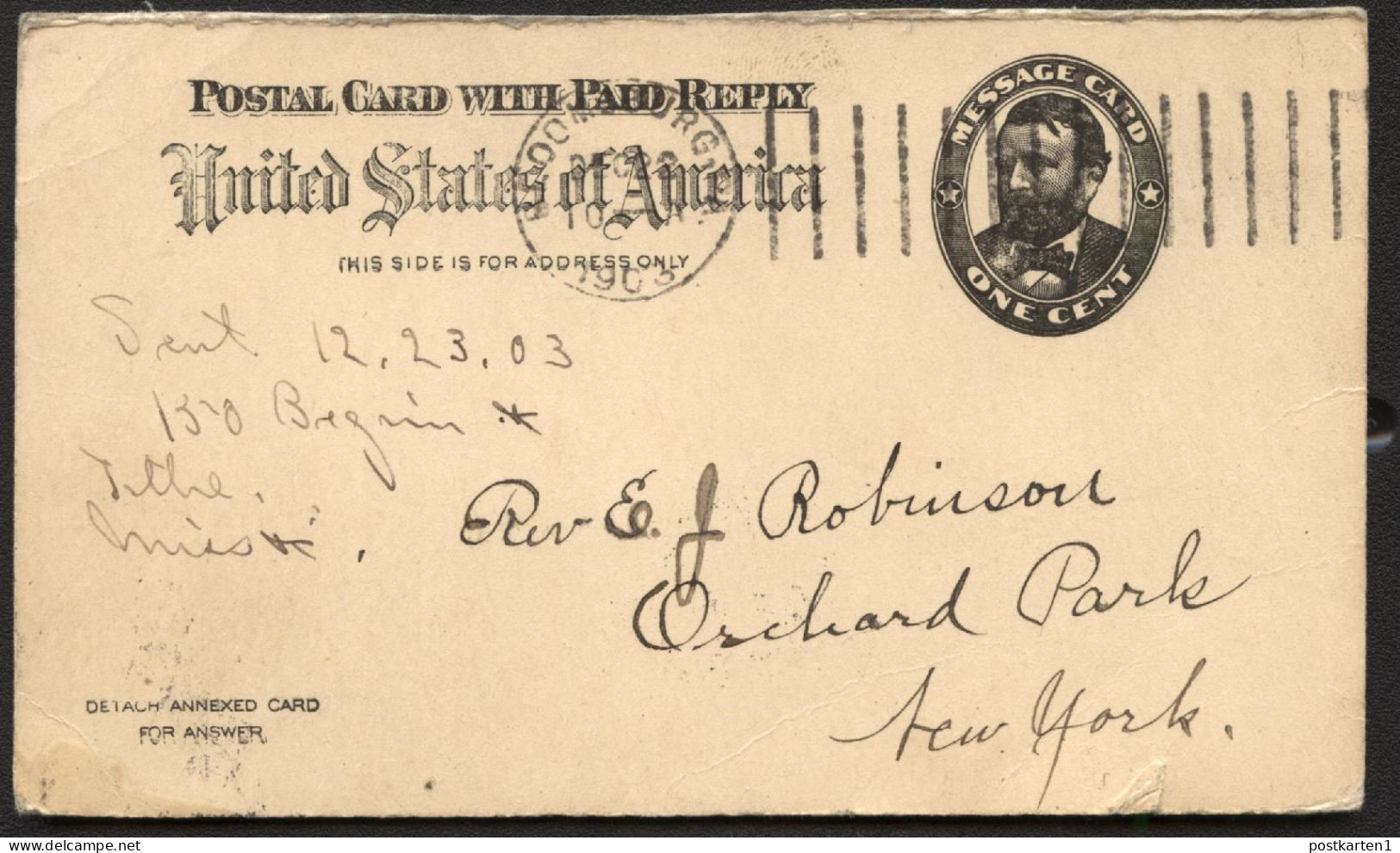 UY3m Message Card Bloomsburg PA To Orchard Park NY 1903 - ...-1900