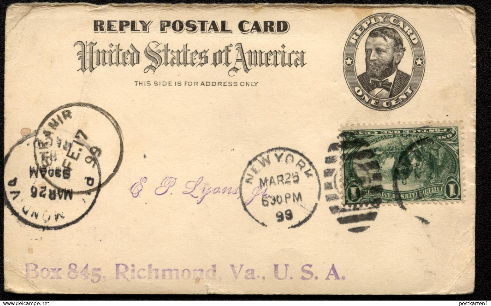 UY3r Reply Card Bikanir Bikaner INDIA To Richmond VA 1899 - ...-1900