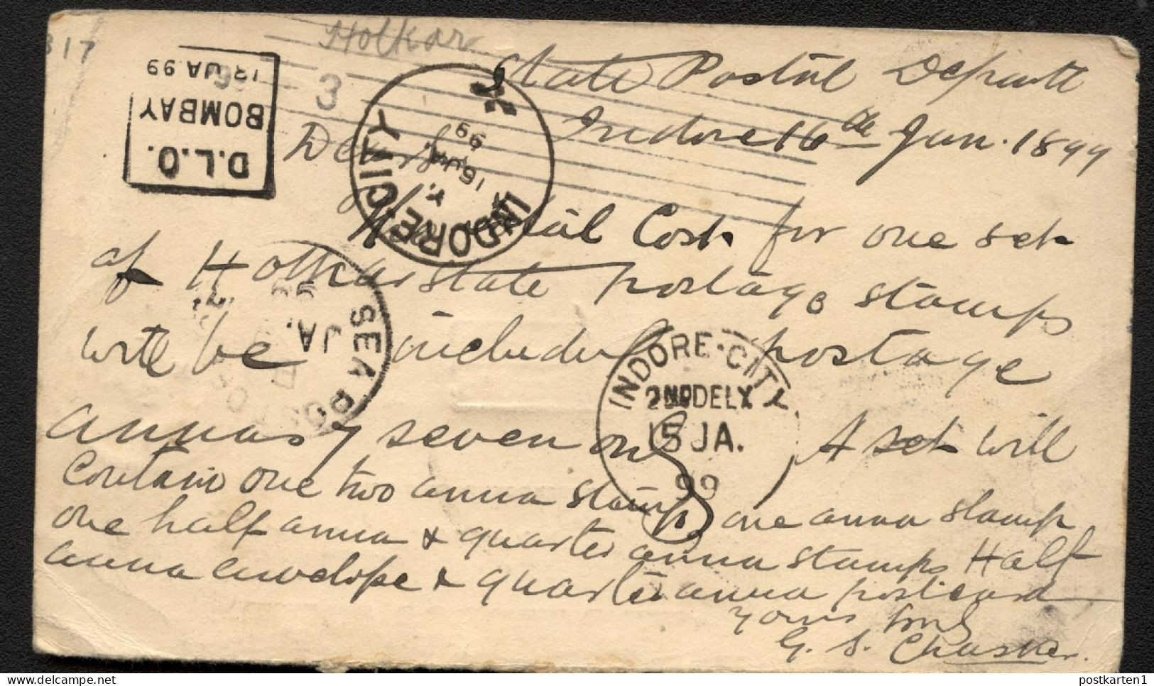 UY3r Reply Card Indore INDIA To Richmond VA 1899 SEA POST POSTAGE DUE - ...-1900