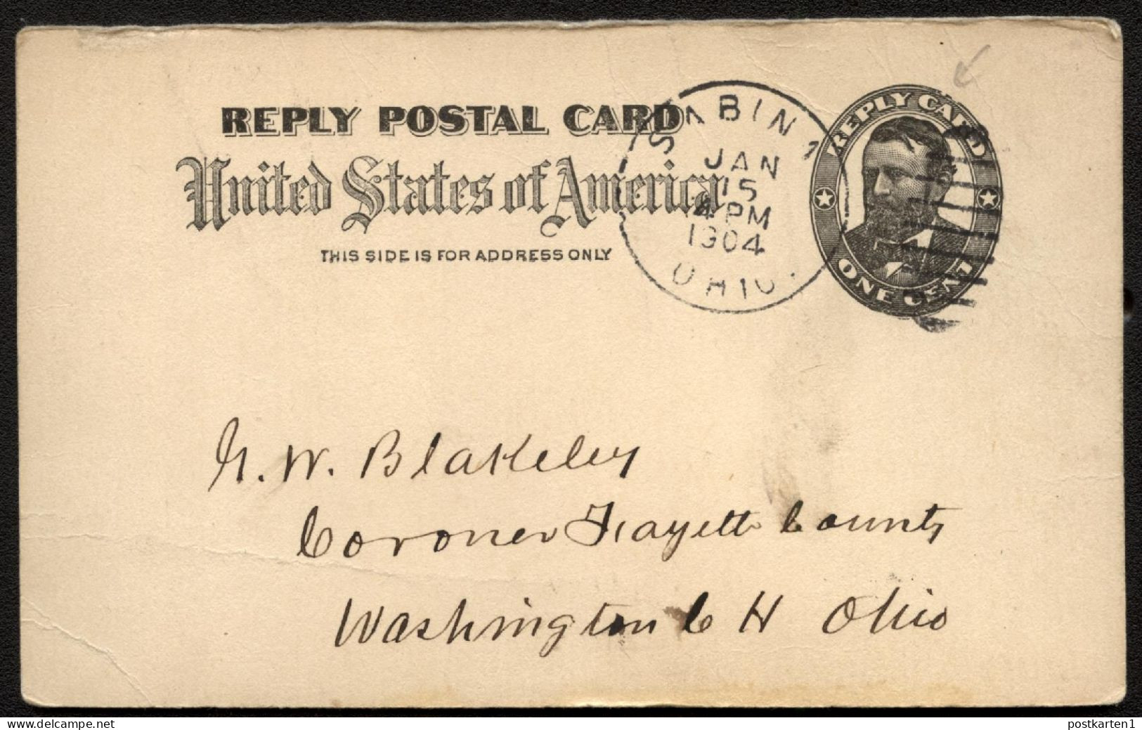 UY3r Reply Card PLATEFLAW Sabina OH To Washington OH 1904 - ...-1900