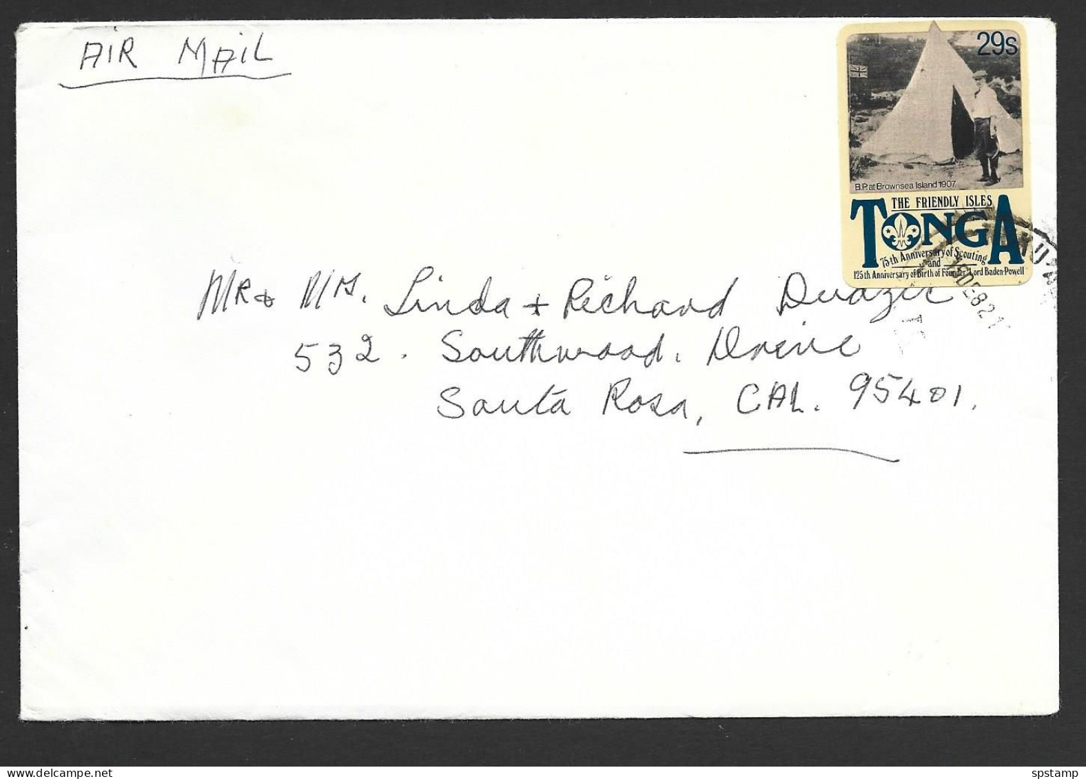 Tonga 1982 Correct Rate Commercial Airmail Cover To California USA , 29 Seniti Boy Scout Self Adhesive Franking - Tonga (1970-...)