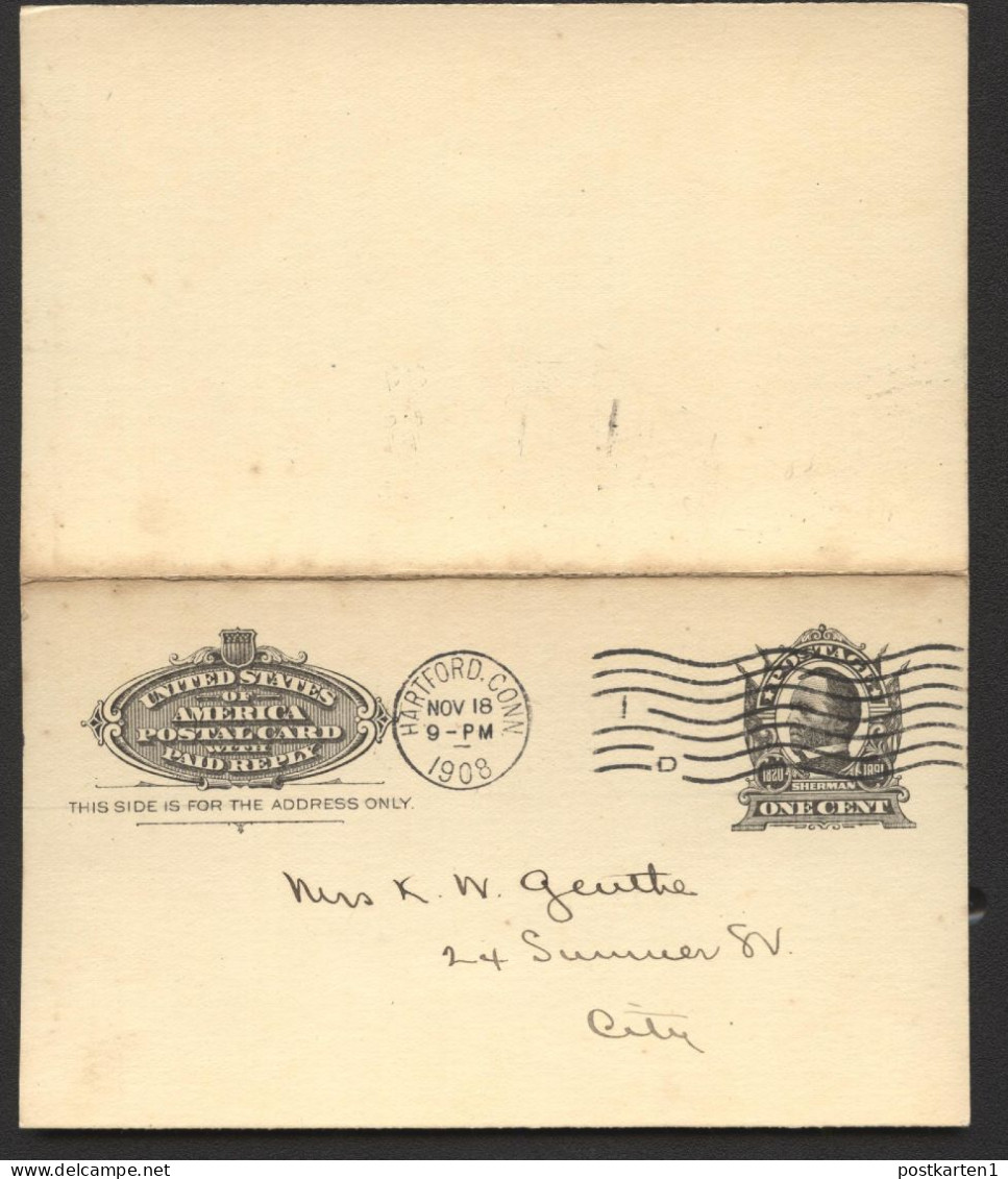 UY4 Postal Card With Reply Hartford CT 1908 - 1901-20