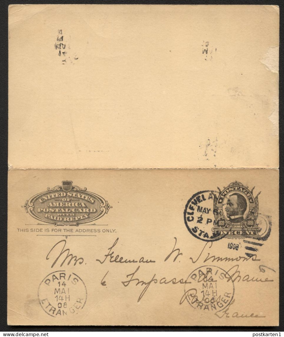 UY4 Postal Card With Reply Cleveland-OH To FRANCE 1908 - 1901-20