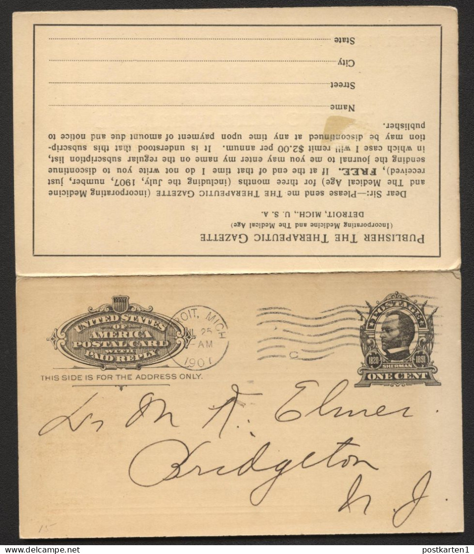 UY4 Postal Card With Reply Detroit MI To Bridgeton NY 1901 - 1901-20