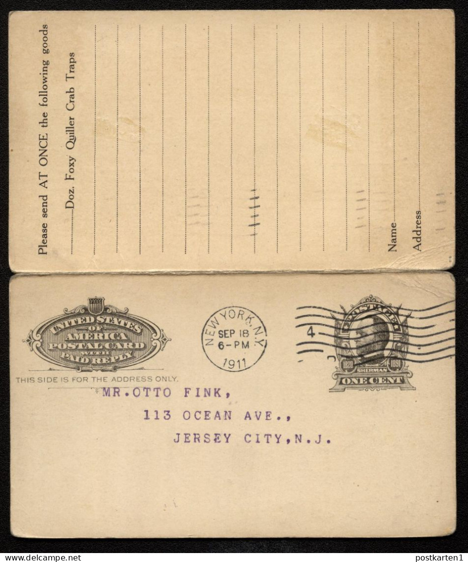 UY4 Postal Card With Reply New York NY To Jersey City NJ 1911 - 1901-20
