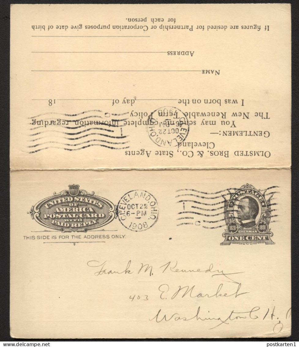 UY4 Postal Card With Reply Cleveland OH To Washington OH 1908 - 1901-20