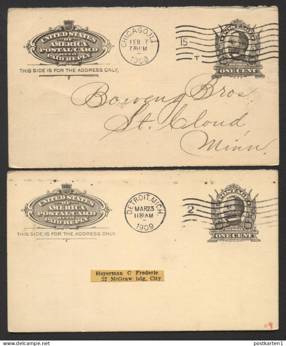 UY4m 2 Message Cards Chicago IL + Detroit MI 1908-09 - 1901-20