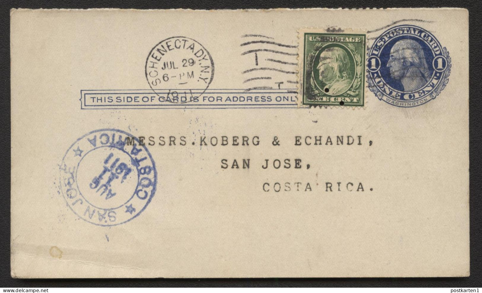 UY5m Message Card Schenectady NY To COSTA RICA 1911 - 1901-20