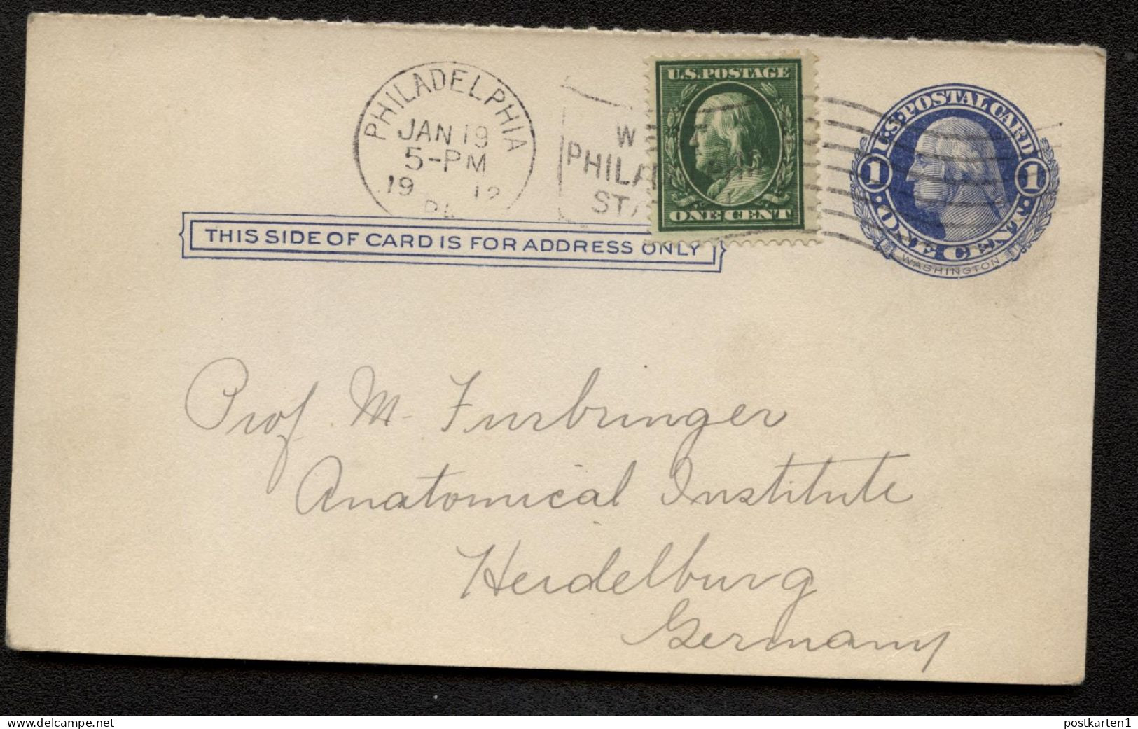 UY5m Message Card Philadelphia PA To GERMANY 1912 - 1901-20