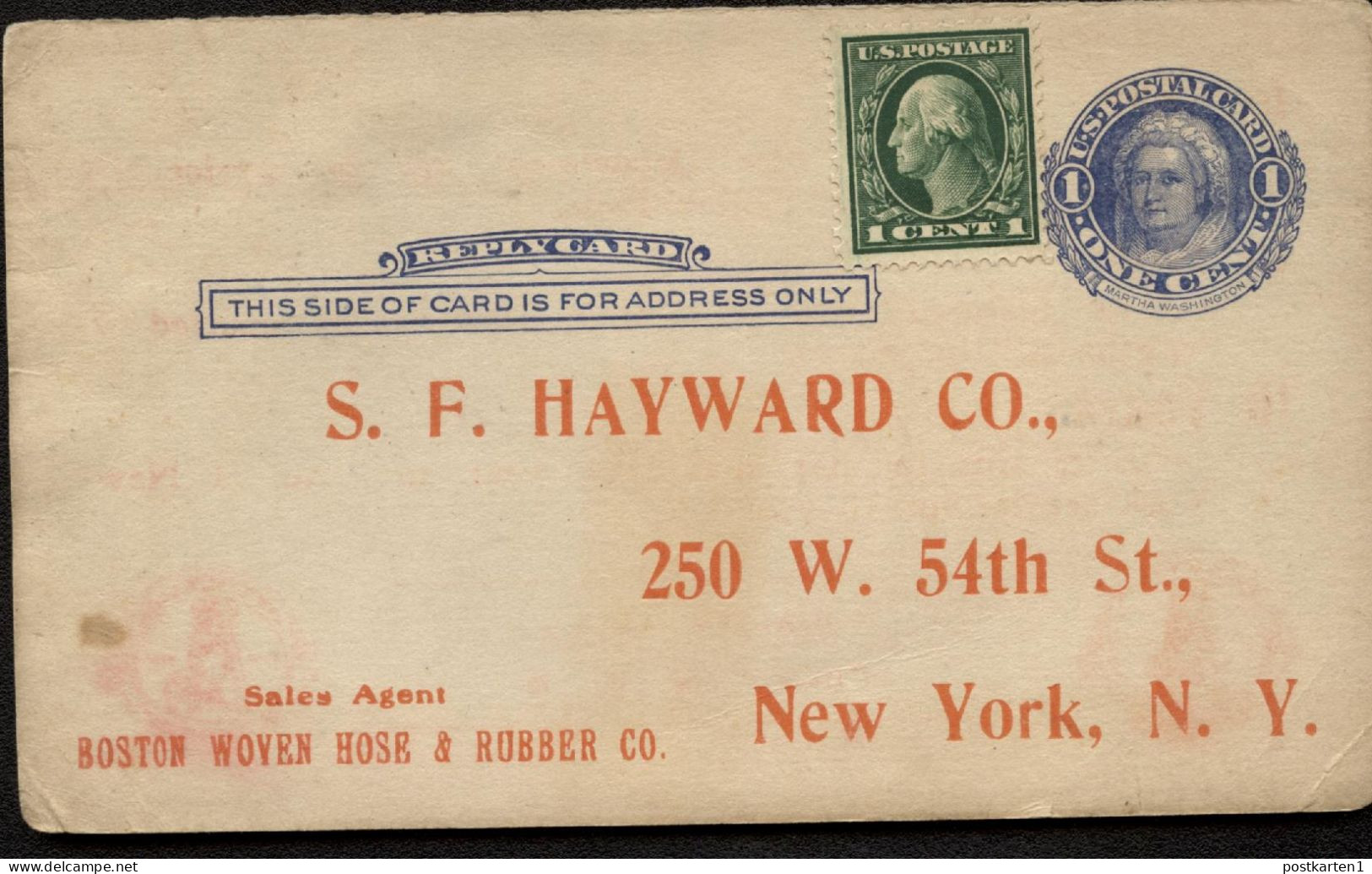 UY5r Reply Card Preprinted New York NY 1911 Cat. $6.00 - 1901-20