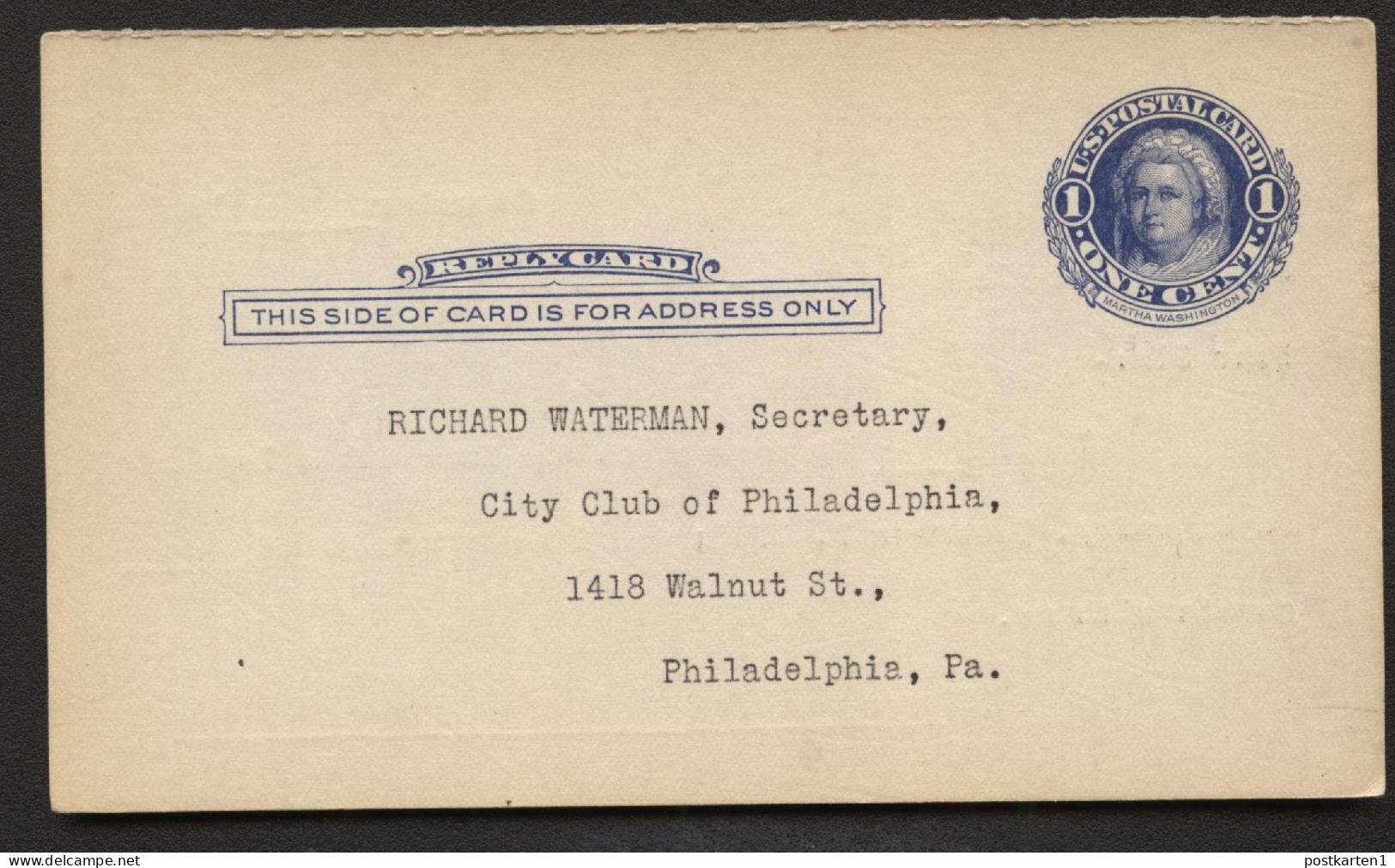 UY5r Reply Card Preprinted Philadelphia PA 1911 Cat. $6.00 - 1901-20