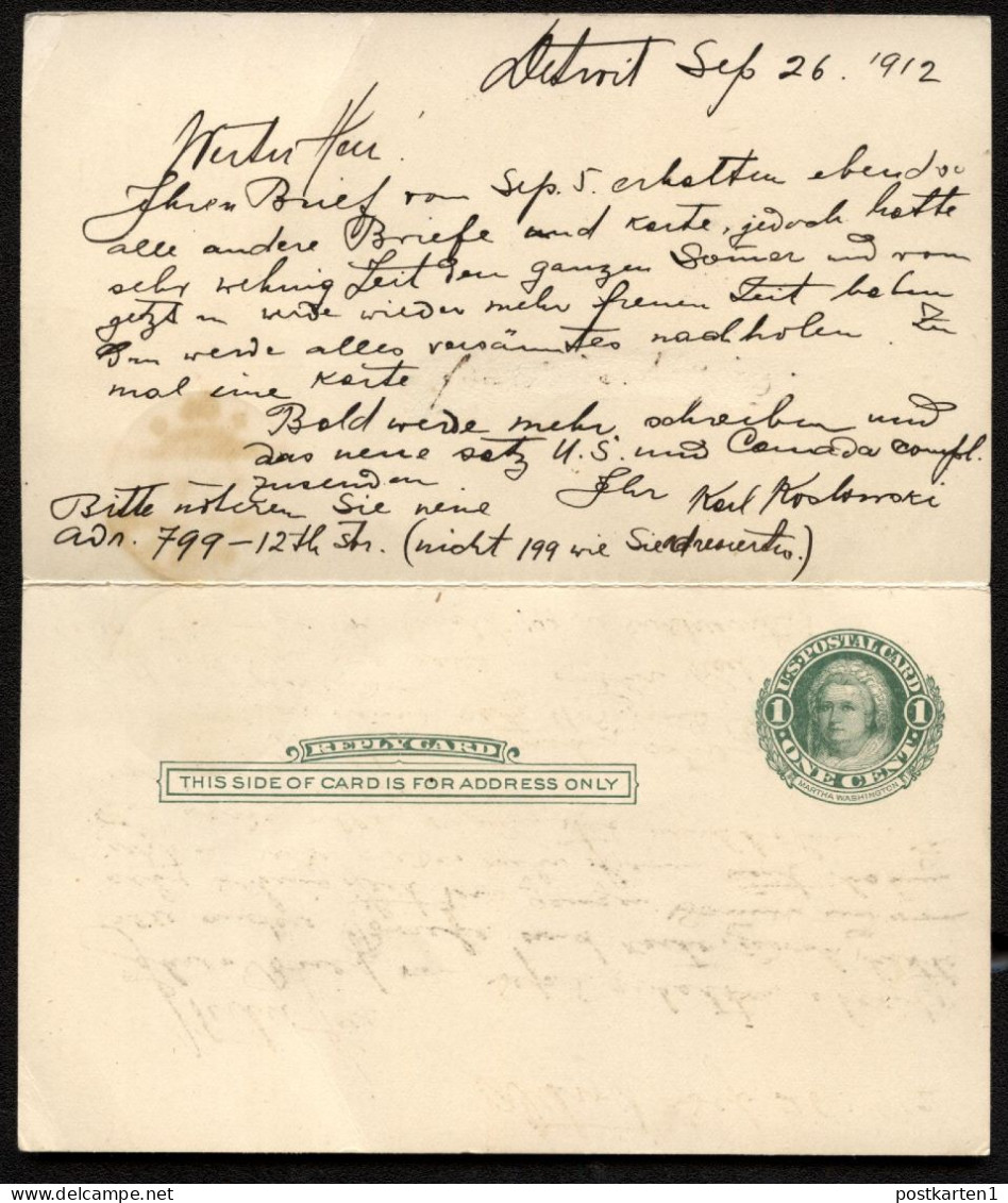 UY6 Sep.1 Postal Card With Reply Detroit MI To Vienna AUSTRIA 1912 - 1901-20