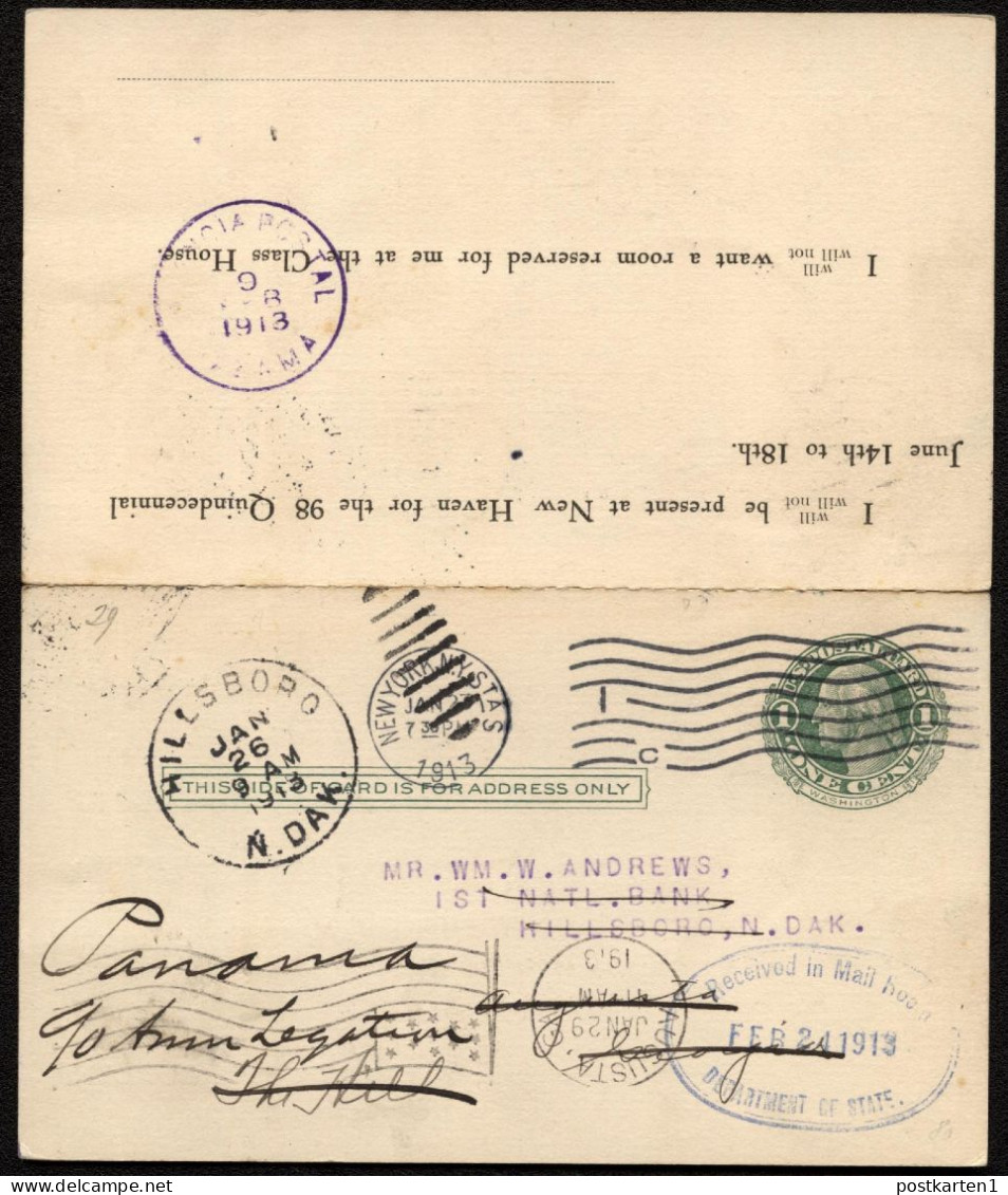 UY6 Postal Card W.reply New York NY - Millsboro ND - Augusta GA - PANAMA 1913 - 1901-20