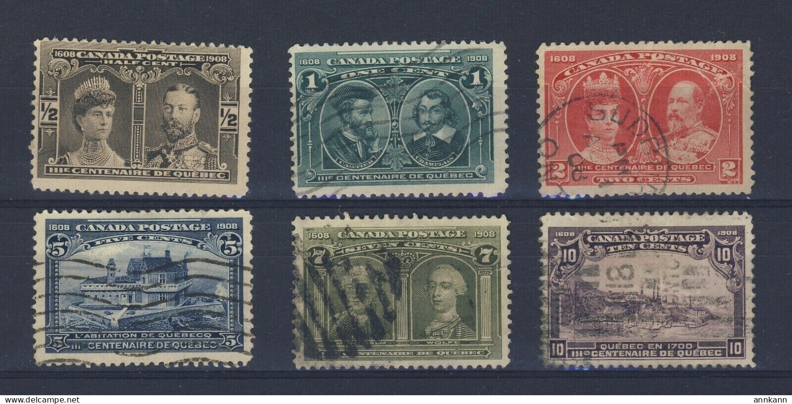 6x Used Canada 1908 Quebec Tercentenary Stamps 1/2c-1c-2c-5c-7c-10c - Gebraucht