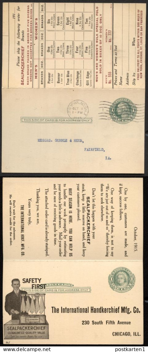 UY6 Sep.3 Postal Card With Reply New York NY ADVERTISED HANDKERCHIEF 1915 - 1901-20