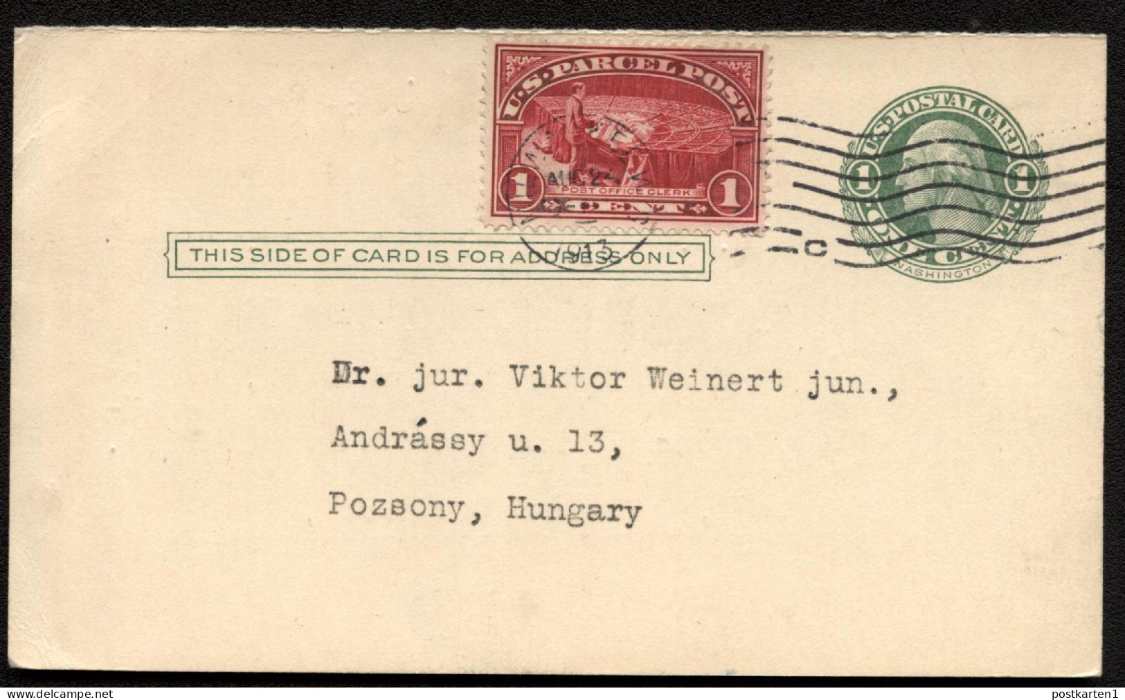 UY6m Message Postal Card Milwaukee WI To HUNGARY PARCEL POST STAMP 1913 - 1901-20