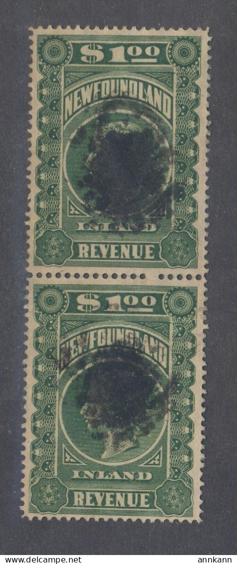 2x Newfoundland Victoria Revenue Stamps; Pair #NFR6-$1. Used Guide Val = $70.00 - Fiscale Zegels