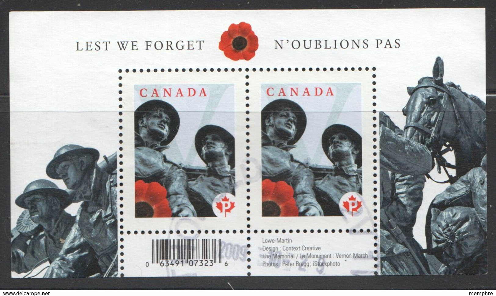 2009  Lest We Forget  Ottawa War Memorial  Sc 2341 Souvenir Sheet Of 2 - Oblitérés