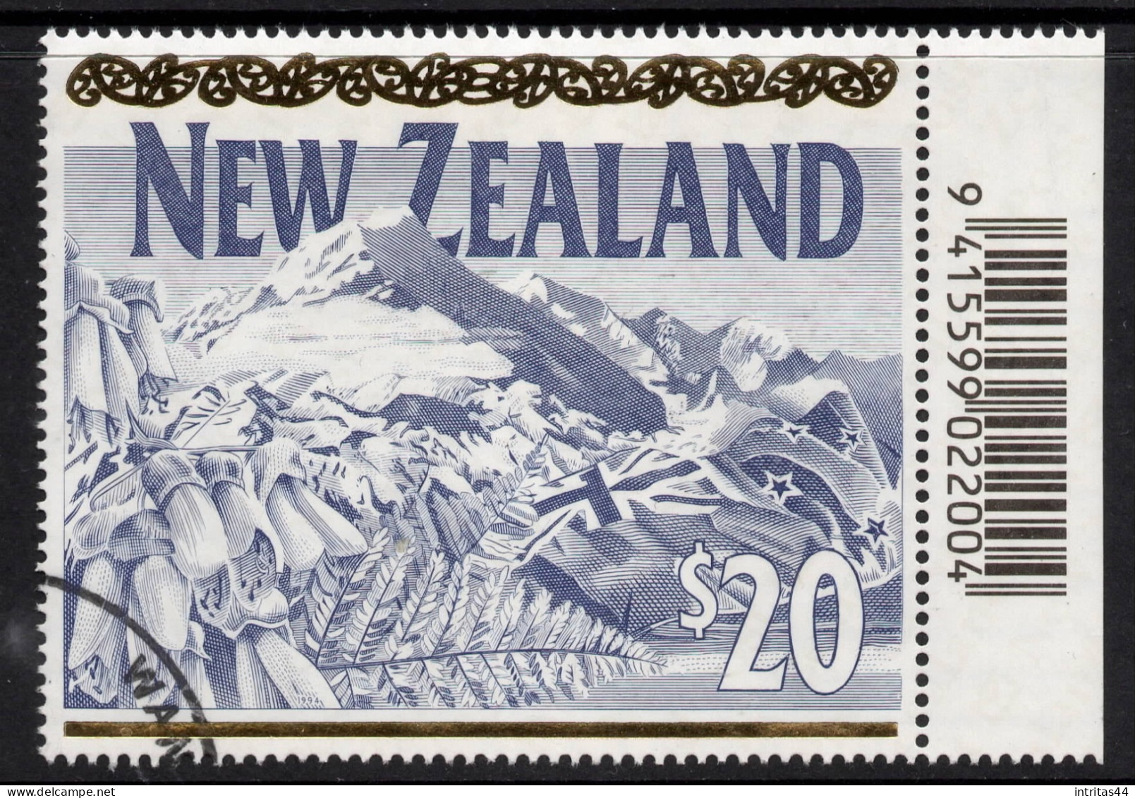 NEW ZEALAND 1994 DEFINITIVE $20.00  " MT COOK " SELVEDGE STAMP VFU. - Used Stamps