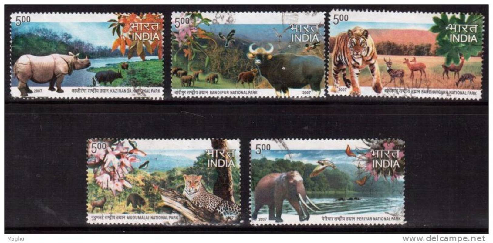 India Used 2007, Set Of 5, National Parks,  Animal, Elephant, Rhino, Leopard, Tiger, Nature, (sampe Image) - Oblitérés