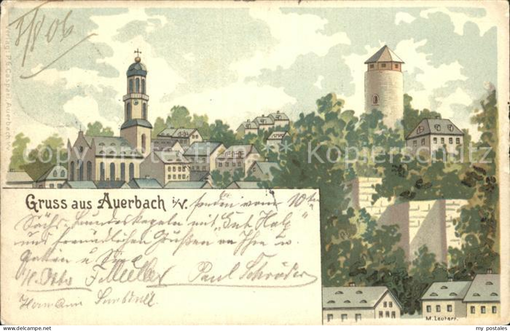 42286896 Auerbach Vogtland Ortsansicht Mit Kirche Turm Kuenstlerkarte Auerbach - Auerbach (Vogtland)